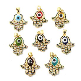 Brass Cubic Zirconia Pendants, with Lampwork, Real 18K Gold Plated, Hamsa Hand Charm