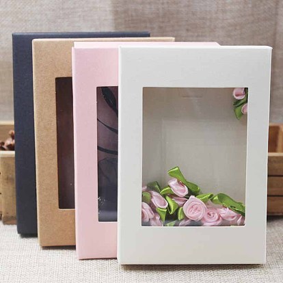 Boîte de papier kraft créative pliable, boîtes de faveur de mariage, boîte de faveur, boîte cadeau en papier, avec fenêtre transparente, rectangle