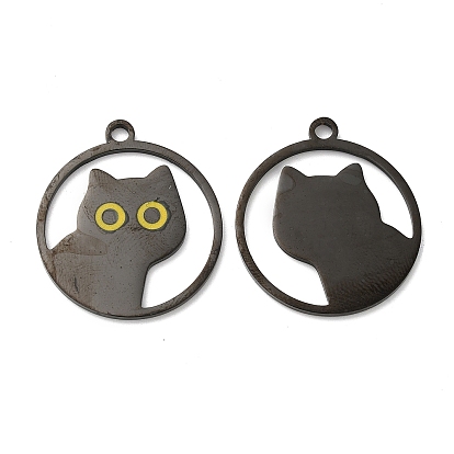 201 Stainless Steel Pendants, with Enamel, Ring with Cat Charm