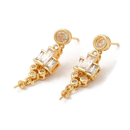 Brass Micro Pave Cubic Zirconia Stud Earring Findings, with 925 Sterling Silver Pins, for Half Drilled Beads