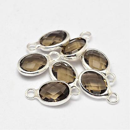 Oval Faceted Silver Color Plated Brass Glass Charms, 12x7x3.5mm, Hole: 1mm