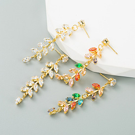 Fashionable Long Leaf-shaped Earrings with Colorful Zirconia and Gold Plating