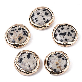 Perles de jaspe dalmatien naturelle, avec bord en pâte polymère plaquée or clair, plat rond