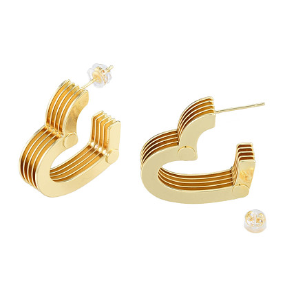 Brass Multi-Layer Heart Stud Earrings, Chunky Half Hoop Earrings for Women, Nickel Free