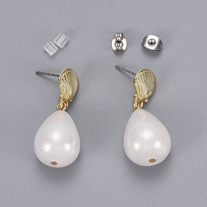 Coquillage perle dangle boucles d'oreilles goujons, avec des conclusions de boucles d'oreille en alliage et des boîtes en carton