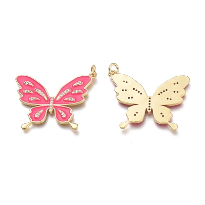 Brass Micro Pave Clear Cubic Zirconia Pendants, with Enamel and Jump Rings, Butterfly, Real 18K Gold Plated