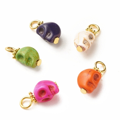 Dyed Synthetic Turquoise Charms, with Golden Tone Alloy & Iron Findings, Skull
