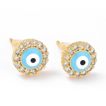 Enamel Evil Eye Stud Earrings with Clear Cubic Zirconia, Gold Plated Brass Jewelry for Women, Cadmium Free & Lead Free