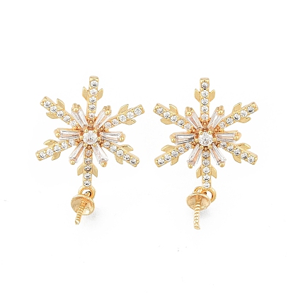 Brass Pave Clear Cubic Zirconia Stud Earring Findings, for Half Drilled Beads, Snowflake, Cadmium Free & Nickel Free & Lead Free