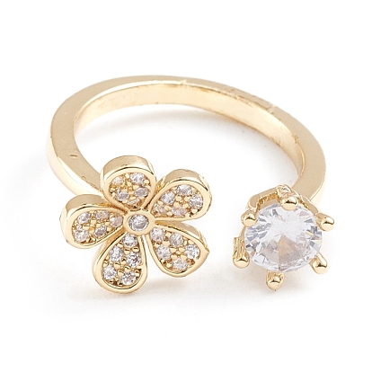 Adjustable Brass Micro Pave Clear Cubic Zirconia Cuff Rings, Open Rings, Flower, Long-Lasting Plated