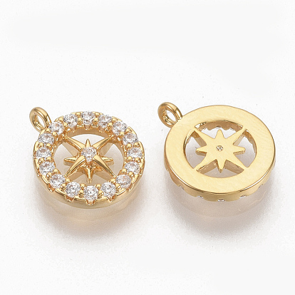 Brass Micro Pave Clear Cubic Zirconia Charms, Nickel Free, Flat Round with Star, Real 18K Gold Plated
