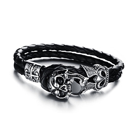 Cowhide Leather Double Layer Multi-strand Bracelet, Gothic Bracelet with Cubic Zirconia Skull Clasp for Men