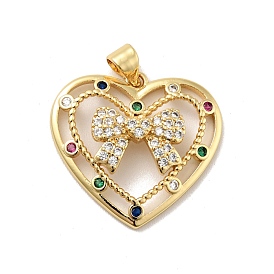 Rack Plating Brass Micro Pave Colorful Cubic Zirconia Pendants, Long-Lasting Plated, Lead Free & Cadmium Free, Heart with Bowknot