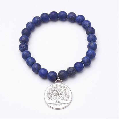 Frosted Natural Gemstone Beaded Charm Bracelets, with Alloy Pendants, Tree of Life, Antique Silver