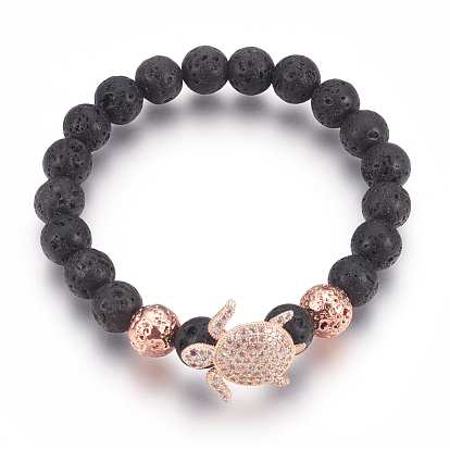 Stretch Bracelets, with Long-Lasting Plated Electroplated Natural Lava Rock, Natural Lava Rock and Brass Cubic Zirconia Beads, Tortoise