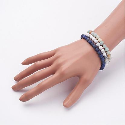 Bracelet extensible perles pierres précieuses mixte jeux, bracelets empilables, amazonite naturel, lapis-lazuli naturel (teint et chauffé) et howlite, givré