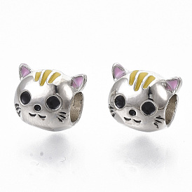 Alloy Kitten European Beads, with Enamel, Large Hole Beads, Cat Head