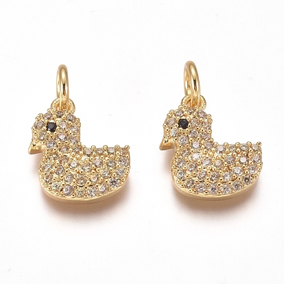 Brass Micro Pave Cubic Zirconia Charms, with Jump Rings, Duck