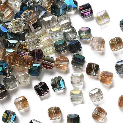 Abalorios de vidrio electrochapado, para hacer bisutería, arco iris chapado, facetados, cubo, 9x9x9 mm, agujero: 1 mm