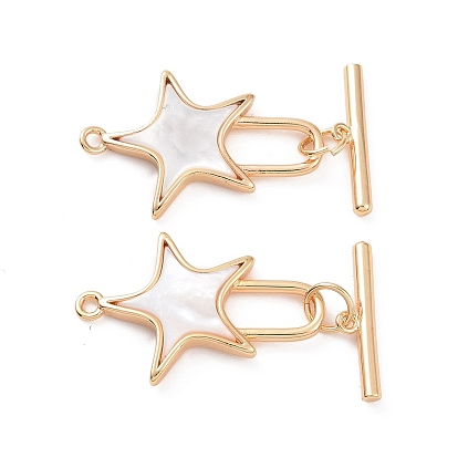 Natural White Shell Toggle Clasps, with Brass Findings, Star