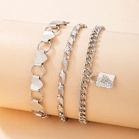 Geometric Chain Bracelet Set with Heart Lock and Trio of Versatile Bracelets