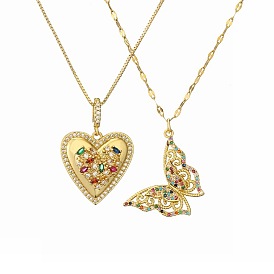 Colorful Heart Necklace with Copper Inlayed Diamonds and Oceanic Butterfly Pendant