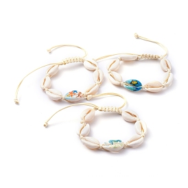 Adjustable Printed Cowrie Shell Braided Bead Bracelets, with Korean Waxed Polyester Cord