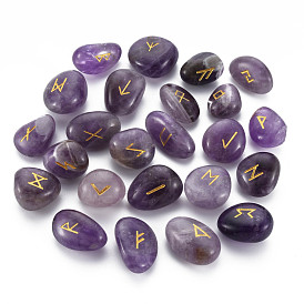 Natural Amethyst Beads, Tumbled Stone, Healing Stones for Chakras Balancing, Crystal Therapy, Meditation, Reiki, Divination Stone, No Hole/Undrilled, Nuggets with Runes/Futhark/Futhorc