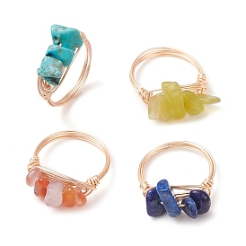 4Pcs 4 Style Natural & Synthetic Mixed Gemstone Chips Braided Bead Finger Rings, Copper Wire Wrap Stackable Rings