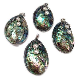 Shell paua grands pendentifs, avec perles d'eau douce de perles et arrangements pendants en laiton, goutte , de couleur métal platine , 54~65x36~40x16mm, Trou: 7x4mm