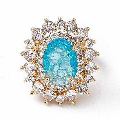 Bague réglable ovale en verre bleu ciel profond avec zircone cubique, bijoux en laiton pour femmes