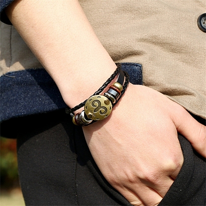 Bracelets multibrins cordon cuir de vachette tressé, bracelet constellation pour homme, avec perle en bois et fermoir en alliage