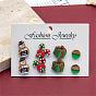 4 Pairs Christmas Printed Wood Stud Earrings, Flat Round Wood & Resin Earring