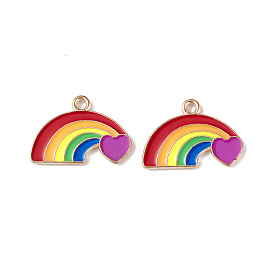 Rainbow Color Pride Alloy Enamel Pendants, Rainbow with Heart Charms, Light Gold