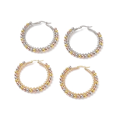 2 Pair 2 Color Round Brass Braided Bead Hoop Earrings, 304 Stainless Steel Wire Wrap Jewelry for Women