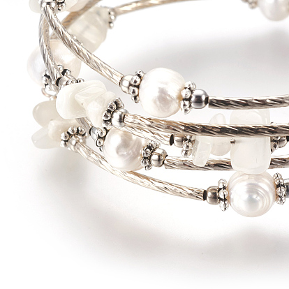 Pearl and Natural White Moonstone Chips Wrap Bracelets, Five Loops, with Metal Findings, Potato