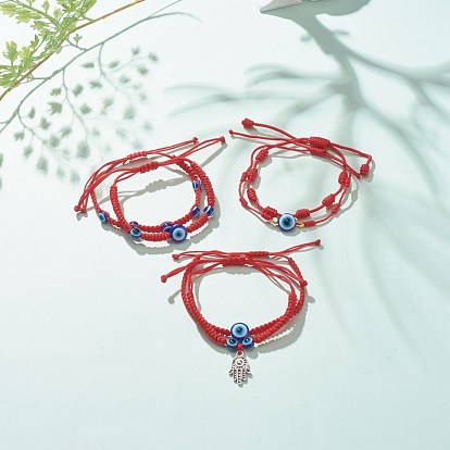 6 pcs 6 ensemble de bracelets de perles tressées en résine de style mauvais œil, bracelets réglables de charme d'alliage de main de hamsa pour des femmes