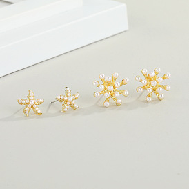 Minimalist Starfish Pearl Flower Stud Earrings in 925 Silver - Petite Ear Jewelry