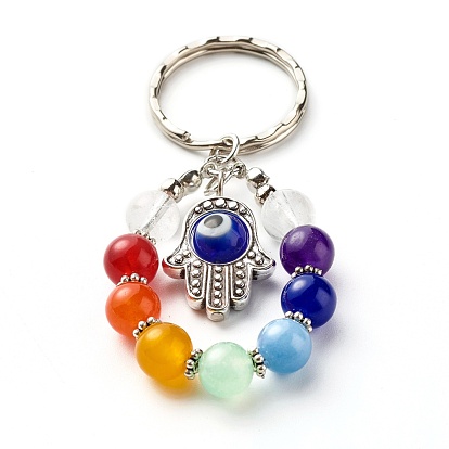 Tibetan Style Alloy Frame Keychain, with Handmade Evil Eye Lampwork Bead and Natural Mixed Stone, Iron Findings and Tiger Tail Wire, Hamsa Hand & Round & Evil Eye