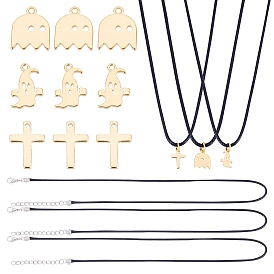 PandaHall Elite 16Pcs Halloween Theme DIY Necklaces Making Kits, Cross & Ghost Brass Charms, Waxed Cord Necklace Making