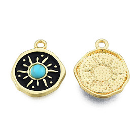 Rack Plating Alloy Enamel Pendants, with Synthetic Turquoise, Cadmium Free & Nickel Free & Lead Free, Light Gold, Flat Round with Sun
