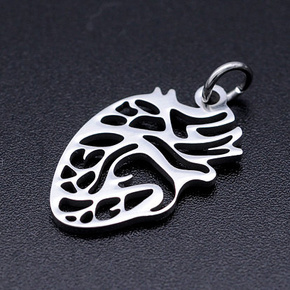 201 Stainless Steel Pendants, Anatomical Organ Heart Shape, with Unsoldered Jump Rings