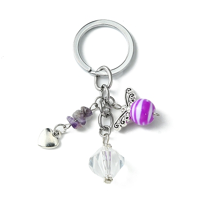 Gemstone Chip & Alloy Heart Pendant Keychain with Angel Acrylic Chamr, for Car Key Bag Ornament