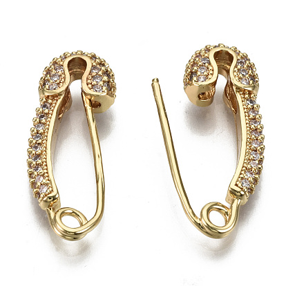 Brass Micro Pave Clear Cubic Zirconia Safety Pin Earrings, Nickel Free