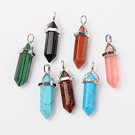 Synthetic Gemstone Pointed Pendants, with Platinum Tone Random Alloy Pendant Hexagon Bead Cap Bails