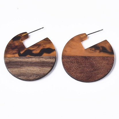 Transparent Resin & Walnut Wood Stud Earrings, with Stainless Steel Pin, Flat Round