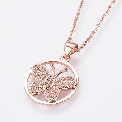 Brass Micro Pave Cubic Zirconia Pendant Necklaces, with Brass Cable Chains, Flat Round with Butterfly