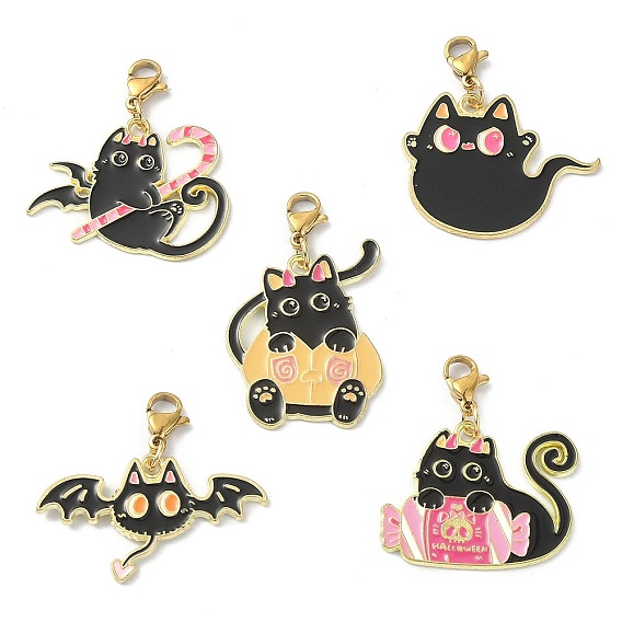 Décorations de pendentif en alliage d'émail de chat de thème d'halloween, avec ton doré 304 fermoirs mousqueton en acier inoxydable