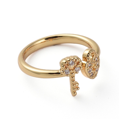 Adjustable Brass Finger Rings, Cuff Rings, Open Rings, with Micro Pave Clear Cubic Zirconia, Long-Lasting Plated, Key & Lock