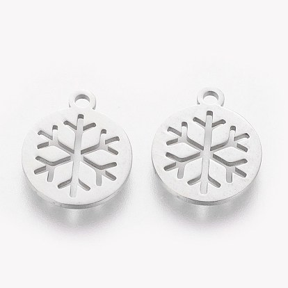 304 Stainless Steel Charms, Flat Round with Snowflake